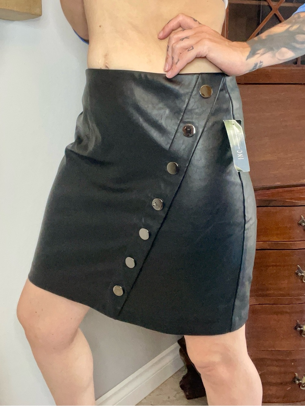 Faux Leather Black Button-Accent Skirt - Brand: INC